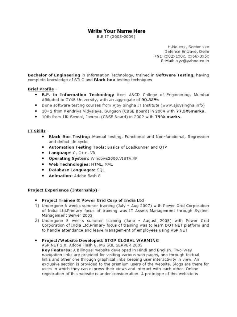 Automation testing profile software testing resume for 1 year experience